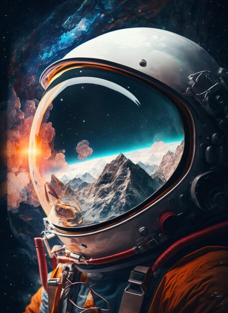 астронавт в космическом костюме с горами на заднем плане