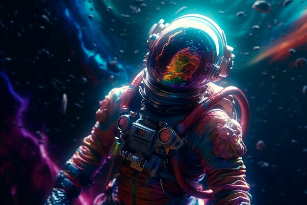 An astronaut in a space suit with a pink and blue background.