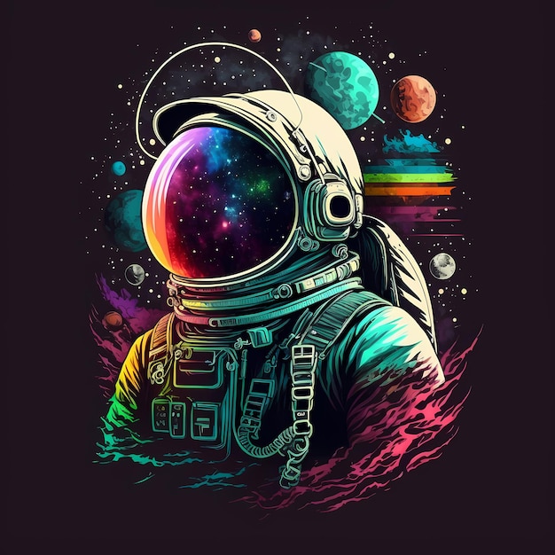 An astronaut in a space suit with planets in the background