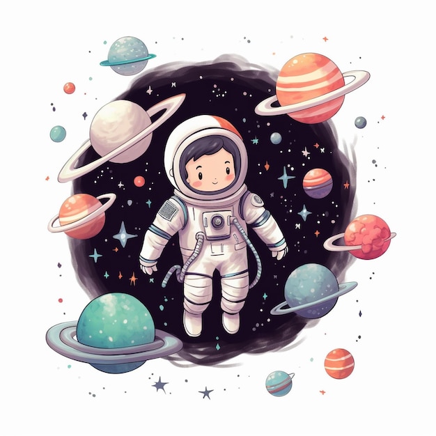 an astronaut in a space suit with planets and planets