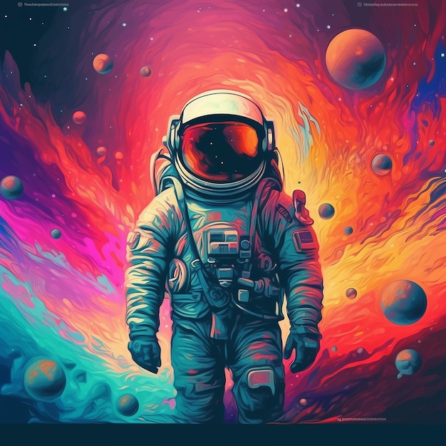 An astronaut in a space suit with a rainbow background.