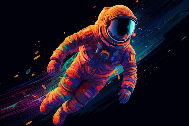 背景が虹色の宇宙服を着た宇宙飛行士。