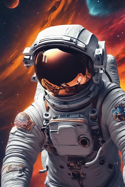 an astronaut in a space suit with a red background.