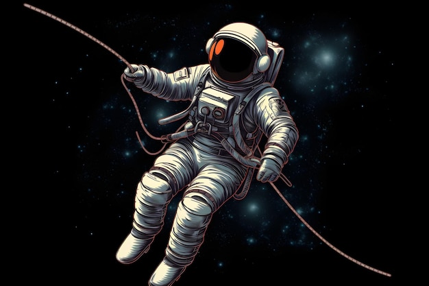 An astronaut in a space suit with a rope attached to it.