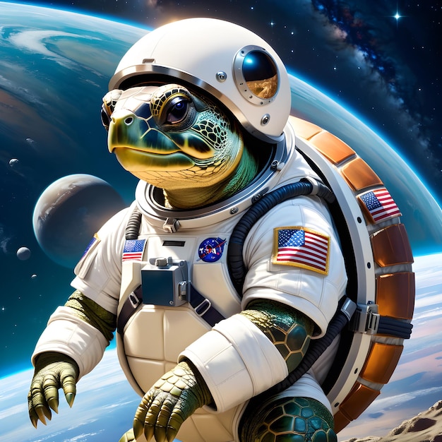 우주복을 입은 우주비행사가 등에 거북이를 달고 있다