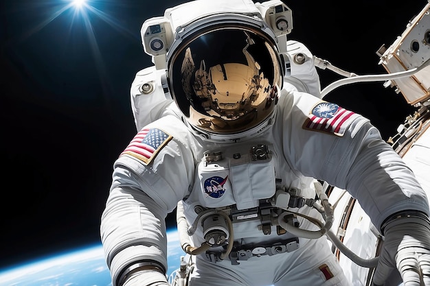 Photo an astronaut in a space suit with the word nasa on his arm