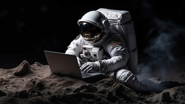 Photo astronaut in space surface with a laptop generative ai