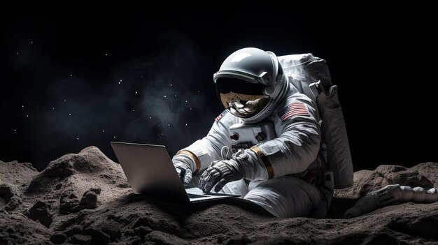 Photo astronaut in space surface with a laptop generative ai