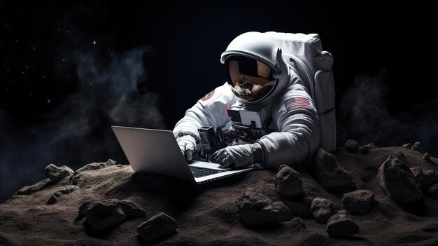 Photo astronaut in space surface with a laptop generative ai