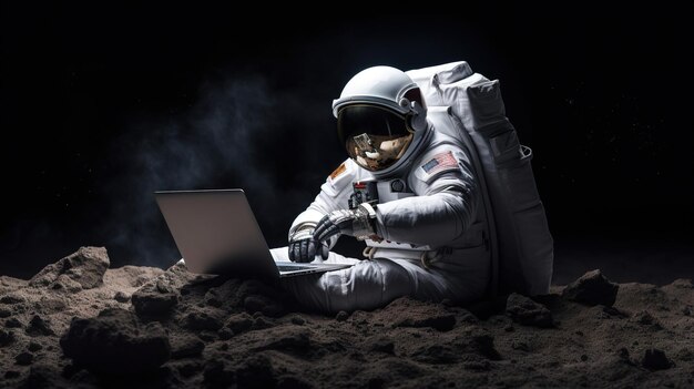 Photo astronaut in space surface with a laptop generative ai