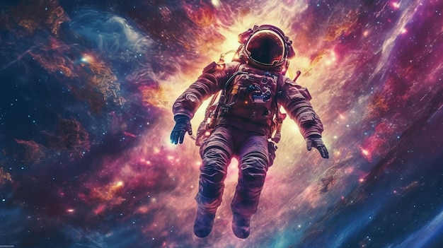 An astronaut in space with a nebula in the background