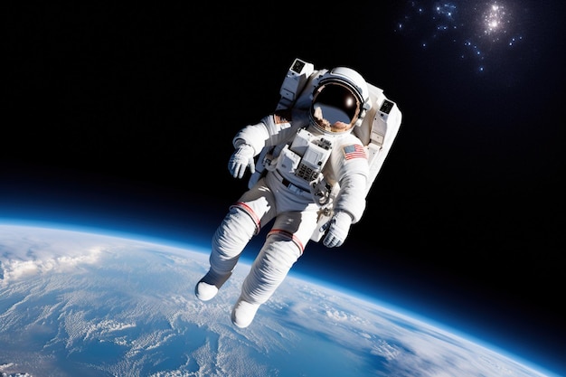 Астронавт в космосе на фоне планеты Земля