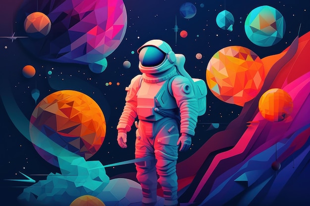 An astronaut in space with planets in the background