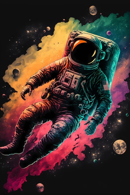 An astronaut in space with a rainbow background