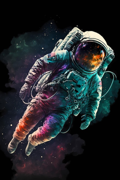 An astronaut in space with a rainbow background.