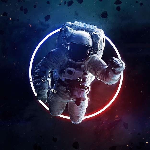 an astronaut in space with a red circle in the background