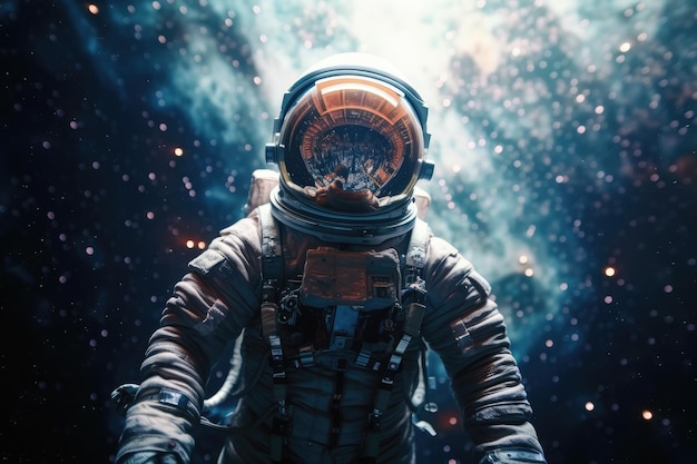 An astronaut in space with a space helmet on.