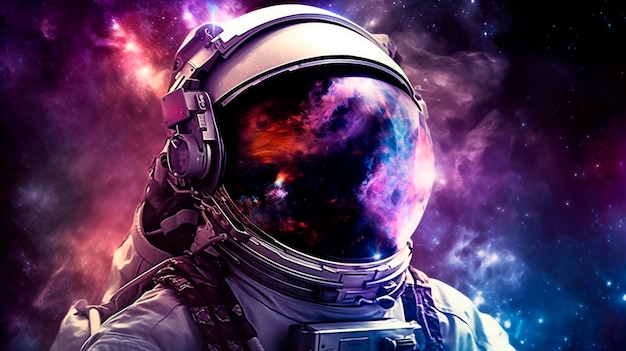 Astronaut in space with stars a galaxy a purple and blue nebula and galaxies reflected in his helmet Generative AI