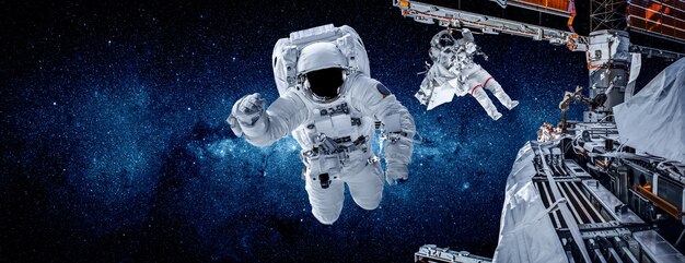 Astronaut spaceman do spacewalk while working for space station