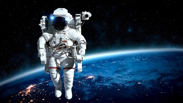 Astronaut spaceman do spacewalk while working for spaceflight mission