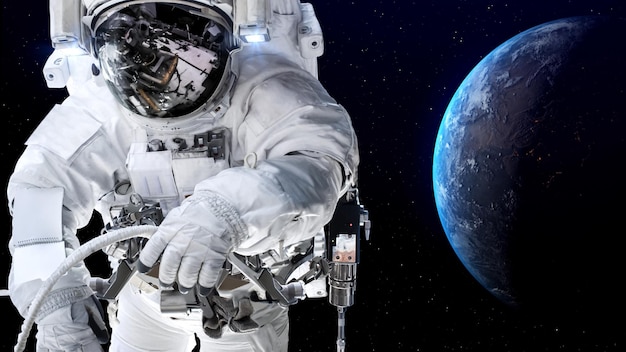 Astronaut spaceman do spacewalk while working for spaceflight mission