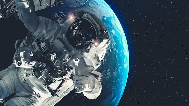 Astronaut spaceman do spacewalk while working for spaceflight mission