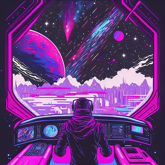 An astronaut in a spaceship Fantasy concept showing The view from the spaceship to the galaxy Neon lights Digital art style illustration painting