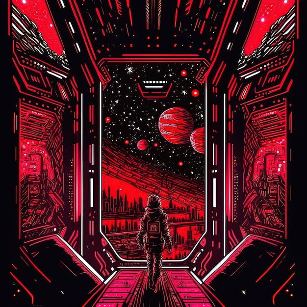 An astronaut in a spaceship fantasy concept showing the view\
from the spaceship to the galaxy neon lights digital art style\
illustration painting