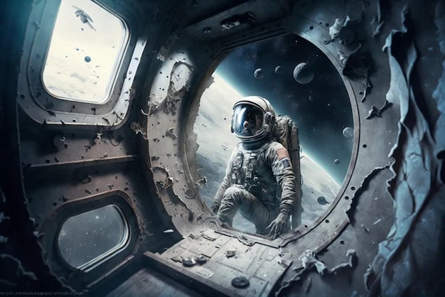 An astronaut in a spaceship with the planet earth in the background.