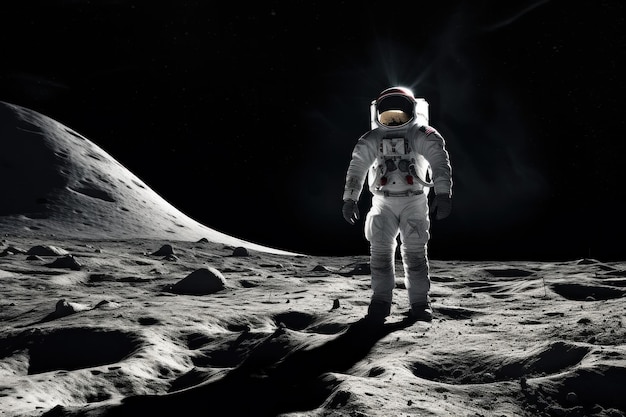astronaut in spacesuit explores the surface of moon land orbital station expedition new planets