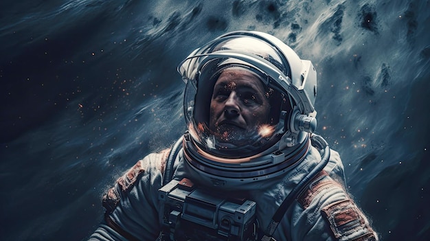 Astronaut in spacesuit exploring dark outer space