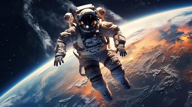 Astronaut in spacesuit exploring dark outer space