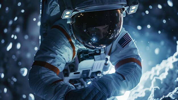 Astronaut in a spacesuit exploring an icy moon