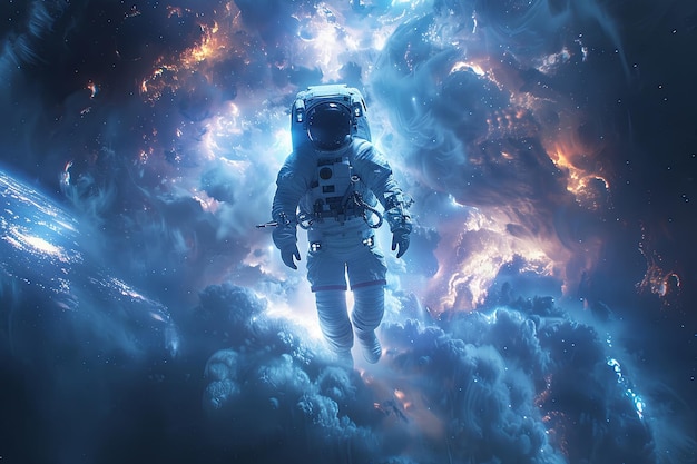 Astronaut in a spacesuit flies through a nebula in outer space