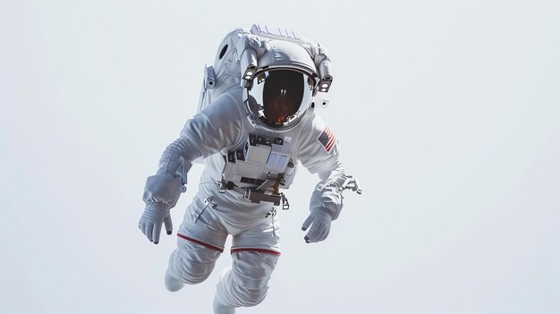 Астронавт в скафандре, плавающий в космосе на белом фоне Астронаут носит белый скафандр с отражающим визором