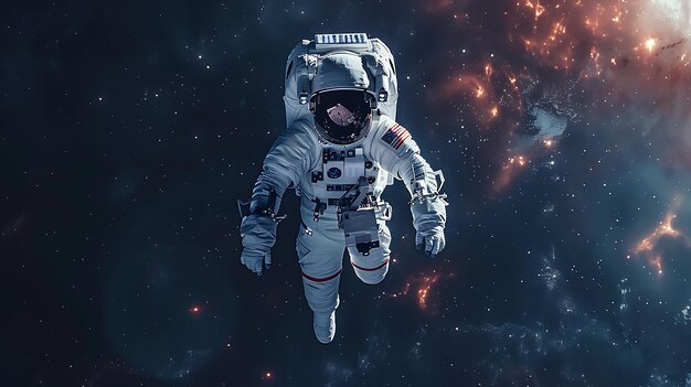 宇宙服を着た宇宙飛行士が色とりどりの星雲を背景に広大な宇宙を漂っています