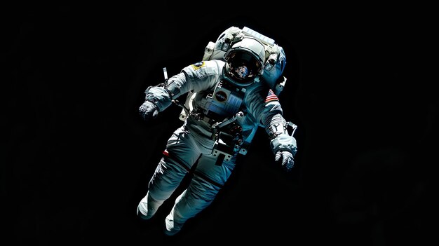 Astronaut in a spacesuit floating in the vastness of space The astronaut is wearing a white spacesuit with a blue and red stripe on the arm