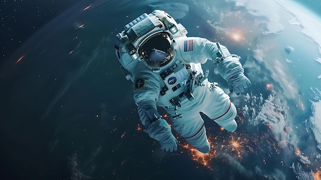Астронавт в скафандре, плавающий в просторении космоса с Землей на заднем плане