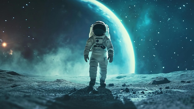 An astronaut in a spacesuit is walking in outer space