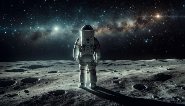 Astronaut in a spacesuit stands on the surface of the Moon against the background of stars of space