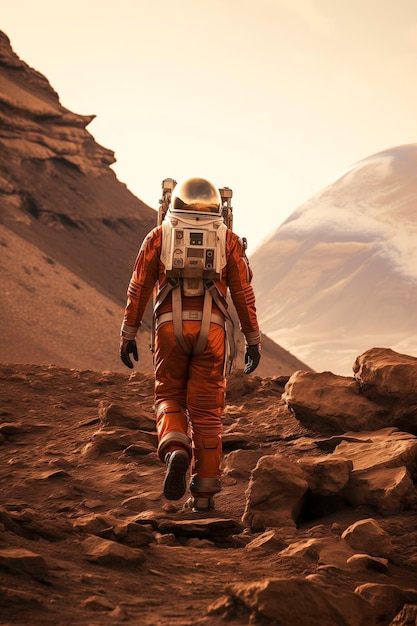 An astronaut in a spacesuit walks around the red planet and studies its mountains and deserts