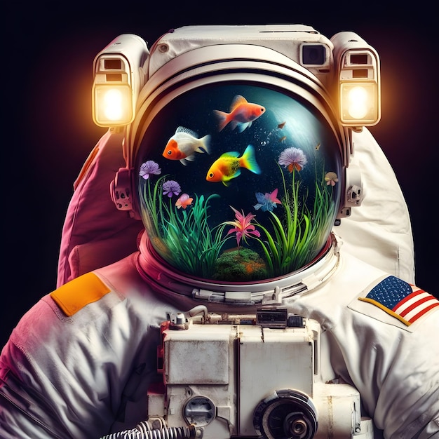 Photo astronaut in a spacesuit with color fishs and water plants in his headgear