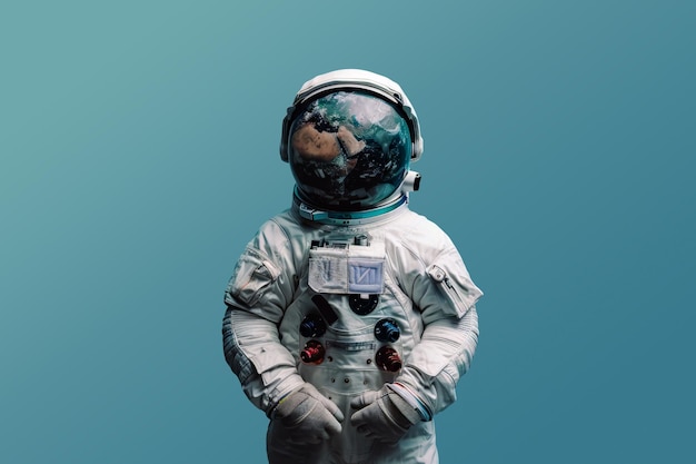 Photo astronaut in spacesuit with planet earth in place of head on blue background with copy space