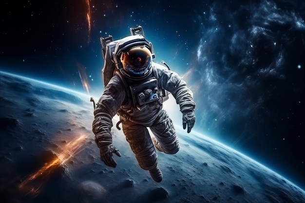 Astronaut in a spacewalk against cosmic background exploring the unknown