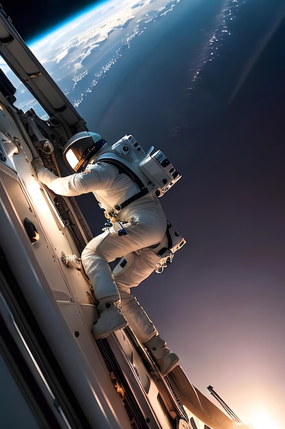 An astronaut on a spacewalk with mountains in the background