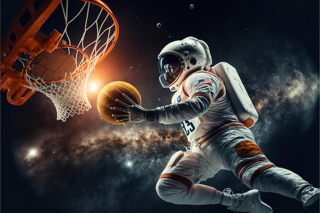 Astronaut speelt basketbal Generatieve Ai