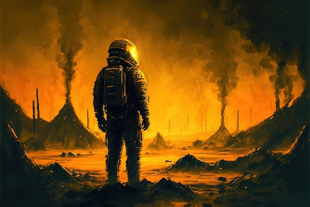 Astronaut staat in een verbrande stad en kijkt naar een gele gloeiende ring in de donkere lucht digitale kunststijl illustratie schilderij fantasie concept van een astronaut die in een verbrande stad staat
