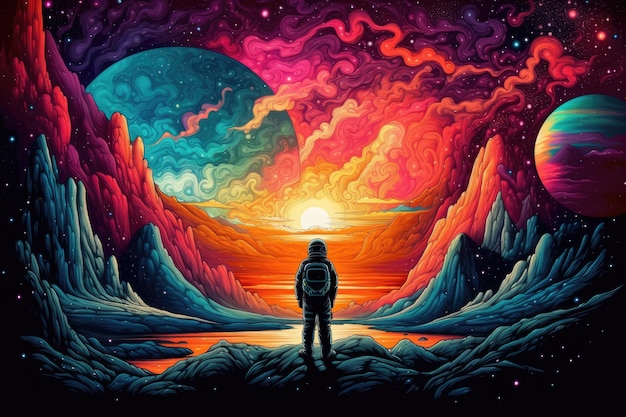 Astronaut stand on the planet with a colorful environment