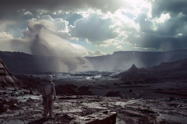 Foto astronauta in piedi su un paesaggio alieno