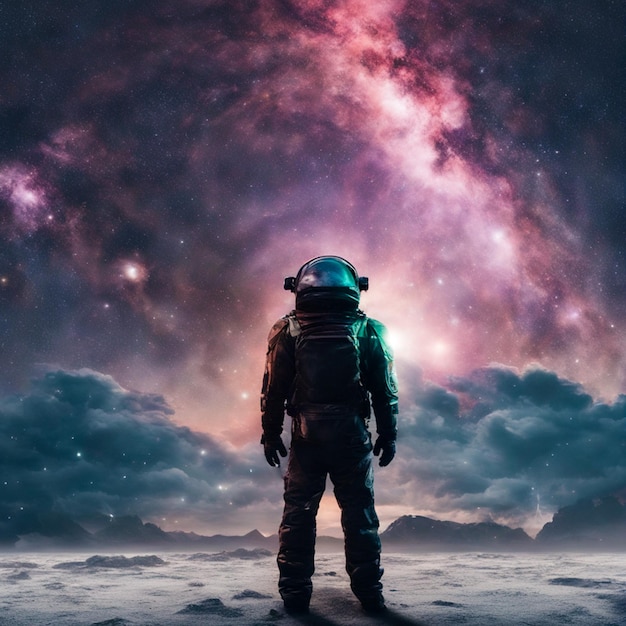 Astronaut standing back and looking the beauty of the galaxy